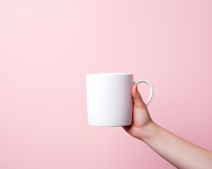 A hand holding a coffee mug in front of light pink background.