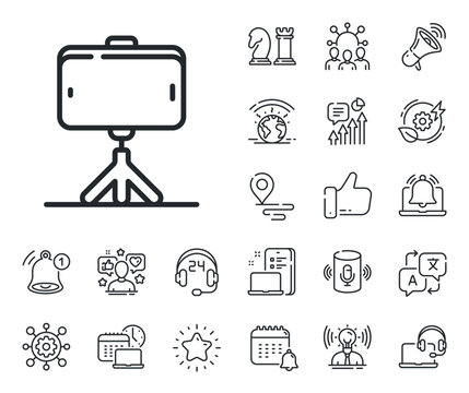 Mobile accessories sign. Place location, technology and smart speaker outline icons. Selfie stick line icon. Phone photo symbol. Selfie stick line sign. Influencer, brand ambassador icon. Vector