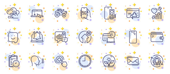 Outline set of Exam time, Seo target and Reminder line icons for web app. Include Seo marketing, Scroll down, Co2 gas pictogram icons. Smile, Heart beat, Incubator signs. Tractor. Vector