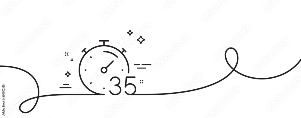Poster timer 35 minutes line icon. continuous one line with curl. stopwatch time sign. countdown clock symb