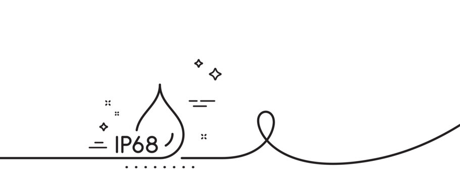 Waterproof line icon. Continuous one line with curl. Water resistant ip68 sign. Drop protection symbol. Waterproof single outline ribbon. Loop curve pattern. Vector