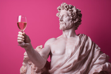 Classical statue holding a glass of white wine against a vibrant pink background. The surreal and modern scene combines ancient art with contemporary elegance.