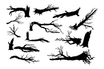 Broken tree isolated silhouettes. Black template of destroyed forest. Fallen wood. Branches and trunks after storm - obrazy, fototapety, plakaty