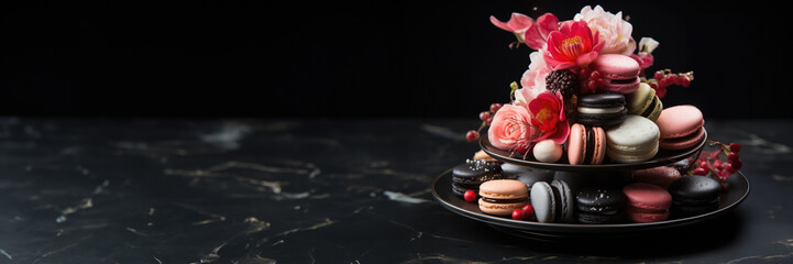 Valentines Day Macaron Tower Topped with Edible Blossoms on a Shiny Obsidian Base, Featuring Shades of Champagne Pink and Deep Black
