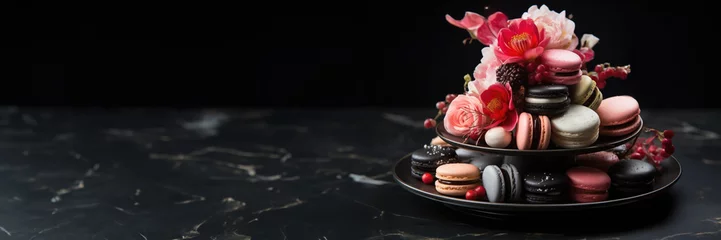 Rolgordijnen Valentines Day Macaron Tower Topped with Edible Blossoms on a Shiny Obsidian Base, Featuring Shades of Champagne Pink and Deep Black © AI Petr Images