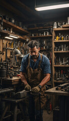 Obraz premium Mechanic working in a compact workshop