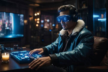 Man Immersed in Cyberpunk VR World