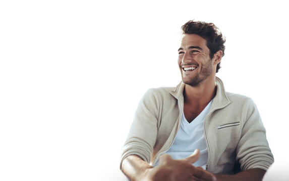 True to Life Picture Conversing Handsome Man Isolated on Transparent Background PNG.