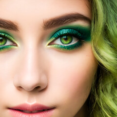 Obraz premium Closeup portrait of beautiful young woman with green eyeshadow and green hair