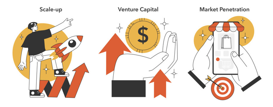 Captivating flat vector illustration depicting the core elements of business scaling: strategic rocket launch, securing venture capital, and targeting market penetration.