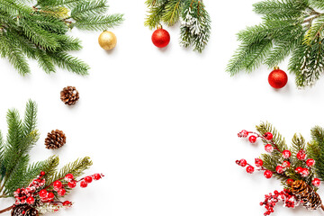 Banner with Christmas tree branches and New Year decoration, layout top view