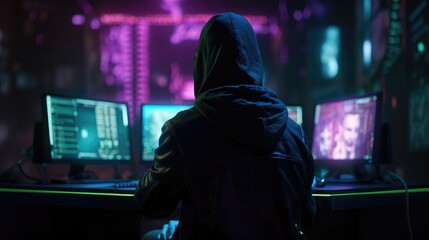 Cybersecurity Vigilance: Hacker Silhouette Reflects Digital Threats