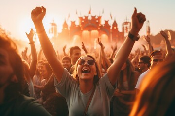 Cheering people in Music Festival, Live, rock concert, festival night club crowd cheering, stage lights and confetti falling. Cheering crowd in lights Ai generated - obrazy, fototapety, plakaty