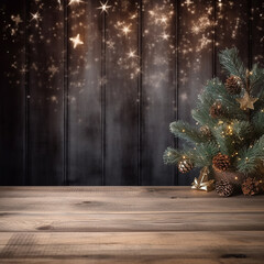 Christmas background with fir branches on wooden table.
