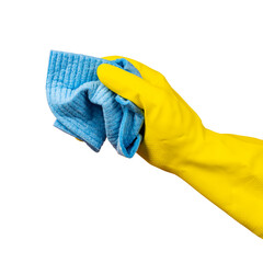 a hand with a yellow rubber glove holds a cleaning sponge	