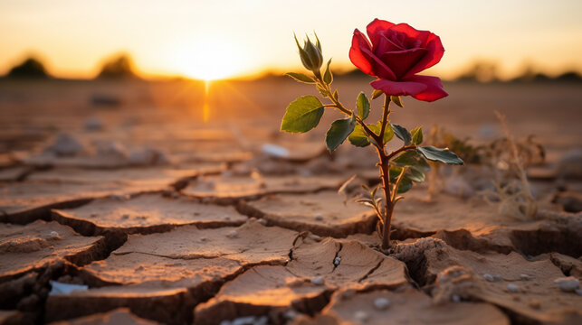 A red rose planted in cracked dry desert land with a sunset