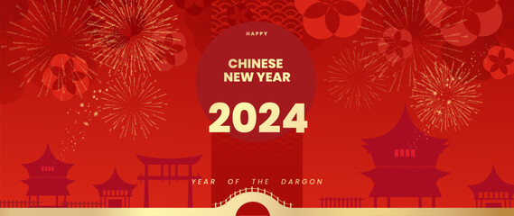 Happy Chinese new year background vector. Year of the dragon design wallpaper with firework, flower, city, pattern. Modern luxury oriental illustration for cover, banner, website, decor. - obrazy, fototapety, plakaty