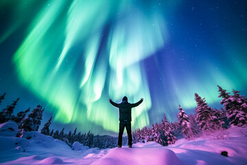 Traveler person enjoy magnificent northern lights. Aurora borealis with silhouette standing man on the mountain. Freedom traveller journey concept.