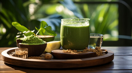a spirulina smoothie next to a beautiful wooden plate