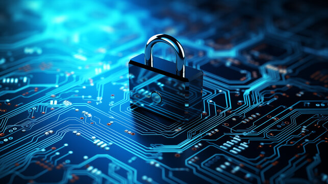 Secure Ship concept of computer motherboard closeup and lock with login - Generative AI