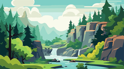 Beautiful landscape with a waterfall in the forest. Vector illustration.