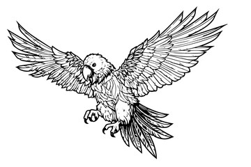 Flying parrot hand drawn ink sketch. Engraved style vector illustration.