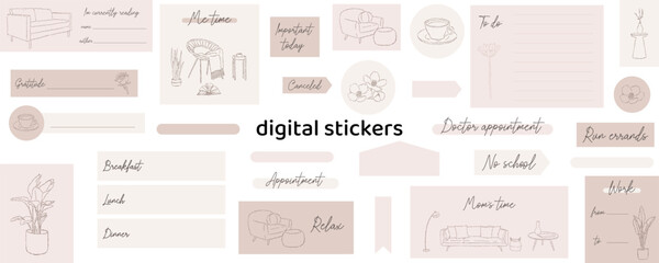 Slow living digital stickers. Digital note papers and stickers for bullet journaling or planning. Digital planner stickers. Vector art. - 694905789