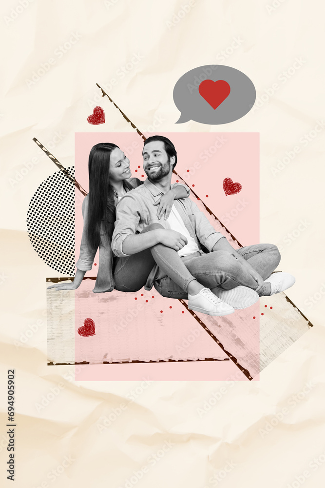 Wall mural Vertical artwork poster collage sitting joyful couple love relationship feeling share enamoured valentine day celebration together