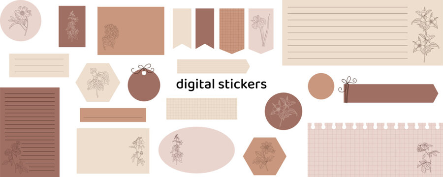 Floral digital stickers. Digital note papers and stickers for bullet journaling or planning. Digital planner stickers. Vector art.