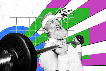 Creative collage picture illustration black white effect powerful diligent old man lifts heavy...