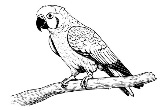 Parrot sitting on a branch hand drawn ink sketch. Engraved style vector illustration.