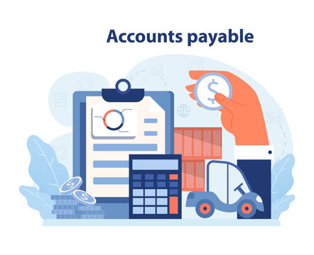 Management of accounts payable process. Clipboard checklist, calculator, and warehouse scene depicting delivery and payment coordination. Financial obligations tracking. Flat vector illustration.