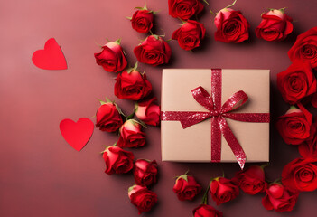 Valentine's Day romance idea. Top view photo of craft paper gift package, rattan heart decor, a bouquet of crimson roses, sugar sprinkles on a red surface with space for your message 