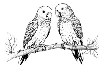 Parrot sitting on a branch hand drawn ink sketch. Engraved style vector illustration.