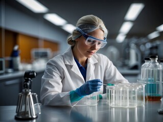 Female microbiologist fully focused and concent