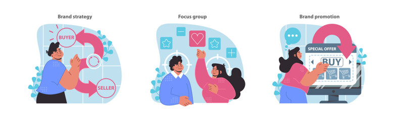 Branding process set. Analyzing buyer-seller dynamics, gauging focus group feedback, driving sales with promotions. Key marketing strategies depicted. Flat vector illustration.