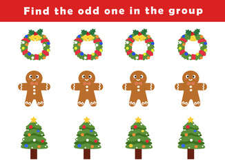 Find the odd one out for toddlers. Spot the difference for kids. Educational quiz worksheet with cute Christmas illustration. Logical activity for children.