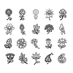 set of ethnically stylized linear outlines of flowers, vector without color