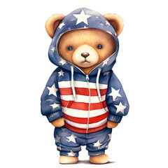 Fototapeta premium Cute Funny Baby Bear Wearing American Flag Clipart Illustration