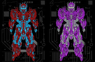 Detailed War Machines: Vector Illustration of Two Robots in Distinct Colors