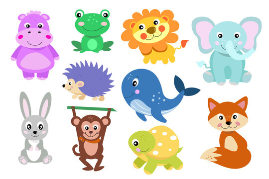 Set of cute wild animals including hippopotamus, frog, lion, elephant, hedgehog, whale, hare, monkey, turtle, fox. Safari jungle animals vector. Forest animals illustration