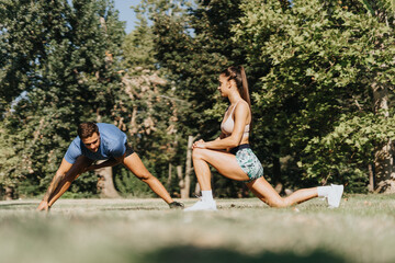 Friends Challenge Each Other for a Healthy Lifestyle Outdoors, a Sunny Day Workout in the Park