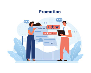 Recognition and career elevation theme with professionals discussing a promotion, reflecting company values and performance. Flat vector illustration.