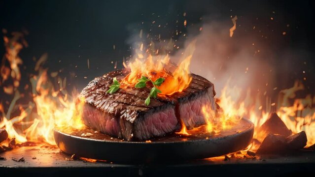 Delicious steak on fire, seamless looping video animated background	