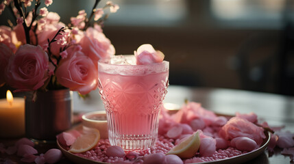 Valentines Day craft  cocktail with pink flowers