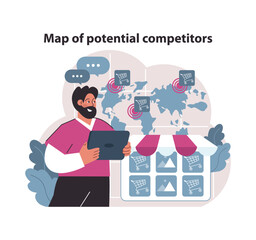 Fototapeta na wymiar Global competitor mapping concept. Analyst identifying market contenders with digital tools for strategic business expansion. Geographic competition analysis. Flat vector illustration.