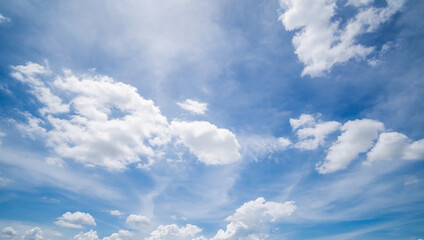 Panoramic view of clear blue sky and clouds, Blue sky background with tiny clouds. White fluffy clouds in the blue sky. Captivating stock photo featuring the mesmerizing beauty of the sky and clouds.