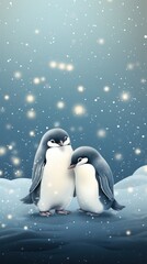 A couple of penguins standing on top of a snow covered ground