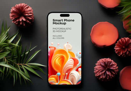 Smartphone Screen Mockup &ndash; Front View of Modern Mobile Phone on Floral Background for App Interface, UI/UX Design, or Branding Presentation