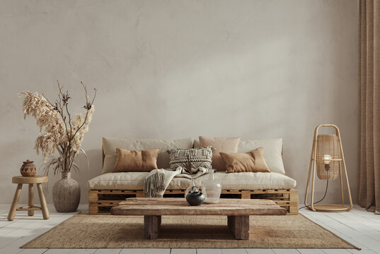 Wabi sabi style interior with copy space on the limewash wall background. Wall mockup, 3d rendering 
